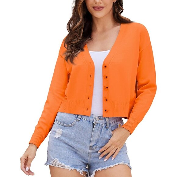 Women's Cropped V Neck Sweater Cardigan Lightweight Knit Button Down